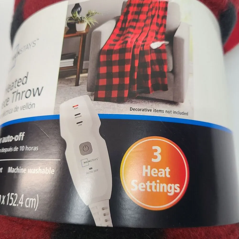 Mainstays Red Buffalo Plaid Heated Fleece Throw Blanket 50x60 Heat Settings NWT